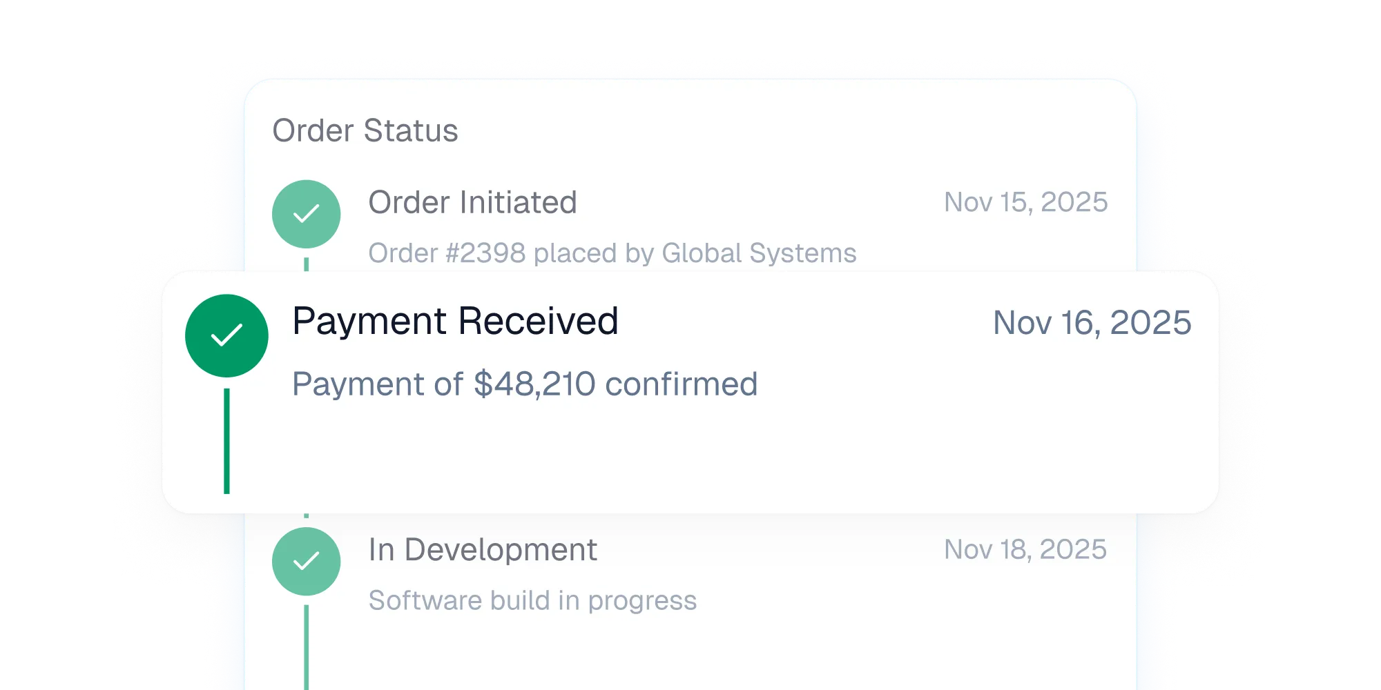 Sales order card showing customer, order status, date, and value.